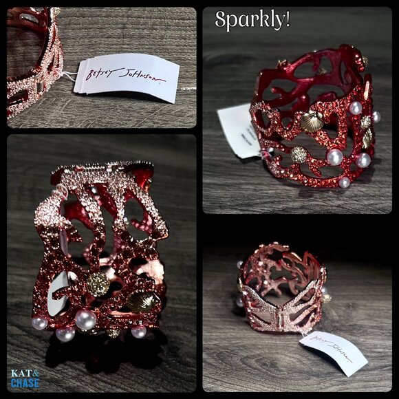 NWT Betsey Johnson Coral Hinge Bracelet Red Pearl Seashell Crystal Beach Sea - Picture 7 of 12